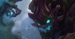 Maokai from League of Legends, embodying nature with glowing eyes and embracing a dark, mystical atmosphere.