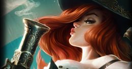 Miss Fortune from League of Legends, showcasing her iconic pirate style with a stylish gun and flowing red hair.