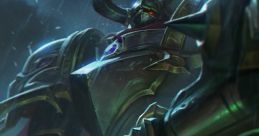 Mordekaiser from League of Legends stands imposingly in a stormy atmosphere, showcasing his armor and weaponry.