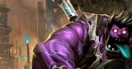 Dr. Mundo from League of Legends flexing in a dystopian city, showcasing his unique purple skin and signature weapon.