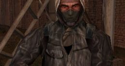 Bandit character from STALKER game, wearing a hooded jacket, holding a shotgun, set against a rugged outdoor backdrop.