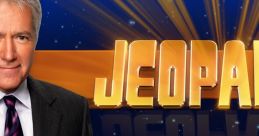 Alex Trebek hosting Jeopardy!, iconic gameshow with a dazzling blue background and bold, shining logo.