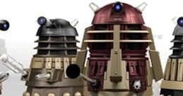 Four iconic Daleks from Doctor Who, showcasing their distinctive shapes and colors in a science fiction setting.