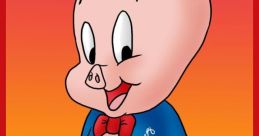 Cheerful Porky Pig character in a blue jacket and red bow tie, ready for fun and laughter. Classic cartoon icon.