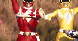 Red and yellow Power Rangers posing together, showcasing their iconic suits and teamwork in a vibrant outdoor setting.