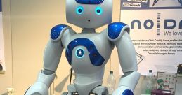 Humanoid robot with blue accents and expressive eyes, showcasing advanced robotics technology and interactive features.