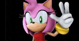 Amy Rose from Sonic the Hedgehog, cheerful pose with pink hair and iconic red dress, showcasing her signature style.