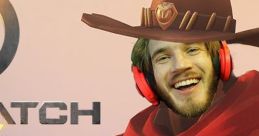 PewDiePie cosplaying McCree in Overwatch with a cowboy hat, headset, and iconic "High Noon" phrase in bold text.