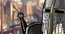 Crusader in armor praying, with "Deus Vult!" text alongside a historical battle scene in the background.