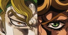 Dio and another character face off, showcasing intense expressions in a dramatic split composition from a popular anime series.