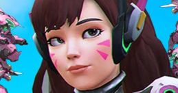 D.Va from Overwatch posing confidently, featuring her signature headset and vibrant pink accents in the background.