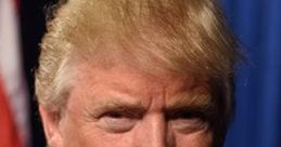 Portrait of President Donald Trump, featuring his signature hairstyle and red tie, against a dark blue background.