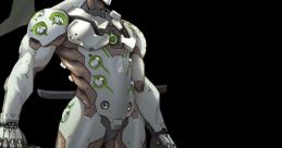 Genji in sleek cybernetic armor, wielding a glowing green katana, embodies speed and agility in combat.