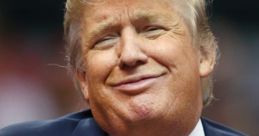 Donald Trump smiling at a rally, wearing a suit and red tie, speaking into microphones, showcasing his trademark gestures.