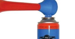 Brightly colored fog horn spray can with a red horn, designed for sound signaling in sports and maritime activities.