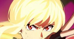 Yang Xiao Long focuses intensely, showcasing her signature gauntlet and fierce determination, ready for action in an anime scene.