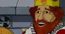 Burger King character from The Simpsons Movie proudly presenting a delicious burger in a colorful animated scene.