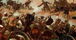 Intense battle scene depicting soldiers in combat, showcasing cavalry, cannons, and chaotic warfare dynamics.