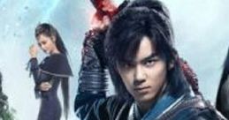 Hero wielding a glowing sword in a fantasy setting, surrounded by mystical characters from a captivating Chinese movie.