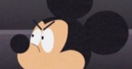 Mickey Mouse styled character in South Park, angrily pointing while wearing his iconic outfit with a tie and big shoes.