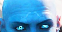 Close-up of Zavala, featuring distinctive blue skin and glowing eyes, conveying strength and determination in a sci-fi setting.