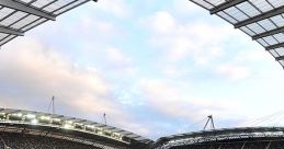 Vibrant stadium filled with fans watching an exciting soccer match under a dramatic sky. Perfect for sports enthusiasts.