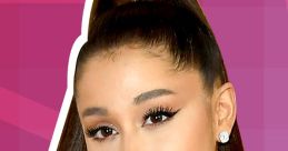 Ariana Grande showcasing her signature high ponytail and glam makeup with a sparkling choker against a vibrant backdrop.