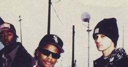 Bone Thugs-N-Harmony with Eazy-E, showcasing iconic hip-hop fashion and powerful presence against an urban backdrop.