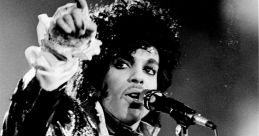 Prince performing passionately on stage with a mic, wearing a stylish black and white outfit, captivating the audience.