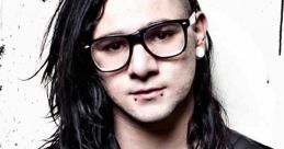 Skrillex showcasing his signature style with long hair, glasses, and an edgy outfit against a textured background.