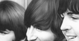 Three members of The Beatles smiling, showcasing their iconic hairstyles and suits during a classic 1960s photoshoot.