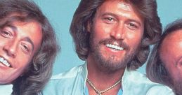 Portrait of The Bee Gees smiling, showcasing their iconic hairstyles and stylish outfits from the disco era.