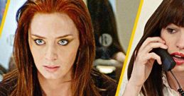 Emily Blunt and Anne Hathaway in tense scenes from "The Devil Wears Prada," showcasing fashion and workplace drama.