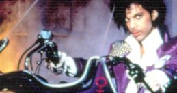 Prince in a striking purple outfit, posing confidently on a motorcycle, embodying iconic vibes of "Purple Rain.