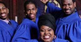 Joyful gospel choir members in blue robes, celebrating music and community with vibrant smiles and enthusiasm.