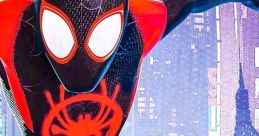 Miles Morales as Spider-Man, poised for action against a vibrant city backdrop in "Spider-Man: Into the Spider-Verse.