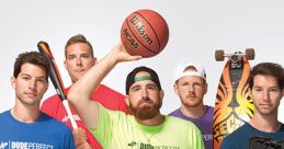 Dude Perfect group poses with sports gear, showcasing their fun-loving, competitive spirit and enthusiasm for sports.