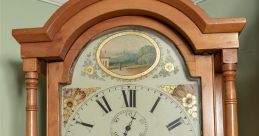 Grandfather clock from London, 1845, featuring a classic bell type design and intricate floral detailing on the face.