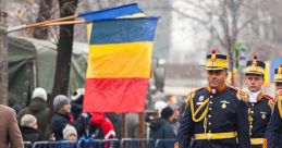 Romanian soldiers march in a parade, showcasing national pride with the Romanian flag in a festive atmosphere.