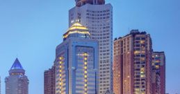 Modern skyline of Chongqing, China, featuring illuminated buildings and a traditional bridge reflected in the water.