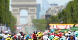 Cyclists in yellow jerseys racing at the Tour de France, with the iconic Arc de Triomphe in the background.