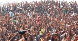 Crowd of passionate Nigerians raising hands at an event, showcasing enthusiasm and unity in a vibrant gathering.