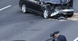 Police officer investigates a severe car crash with significant damage to vehicles on the highway, highlighting road safety issues.