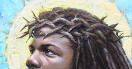 Portrait of Black Jesus with dreadlocks, wearing a crown of thorns, gazing thoughtfully against a radiant background.