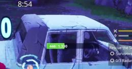 Fortnite gameplay featuring Brian the Foul Mouth Kid, showing a damaged car and player resources for rescue mission.