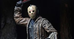 Jason Voorhees figure wielding a bloody machete in a dark, eerie setting, highlighting horror movie collectables.