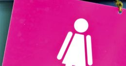 Pink women’s restroom sign featuring a stylized female figure, indicating the ladies' toilet area.