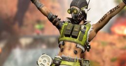 Octane from Apex Legends in a dynamic pose, showcasing his vibrant outfit and energetic personality against a dramatic backdrop.