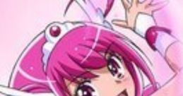 Emily from Glitter Force strikes a dynamic pose with vibrant pink hair and angelic wings against a shimmering background.