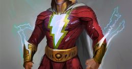 Shazam in his iconic Prime Costume, showcasing vibrant red attire and powerful lightning bolts. Superhero art concept.